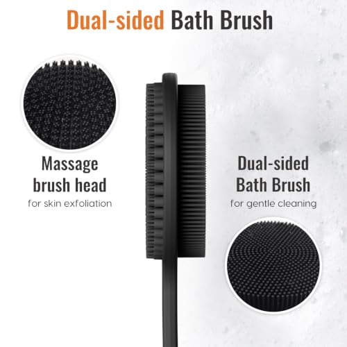 Silicone Back Scrubber, 17In Extended Anti-Slip Handle Body Scrubber Body Brush Back Brush Long Handle for Shower Double Sided Shower Brush Back Washer for Cleansing and Exfoliating, Bath Essentials