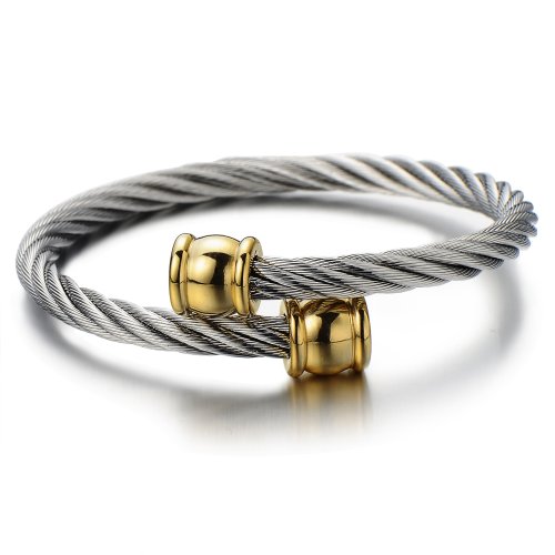 COOLSTEELANDBEYOND Elastic Adjustable Unisex Steel Twisted Cable Cuff Bangle Bracelet for Men Women Silver Gold Two-tone