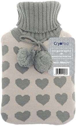 Trendy Jacquard Acrylic Knitted Pom Pom Hot Water Bottle 2L - Grey Hearts