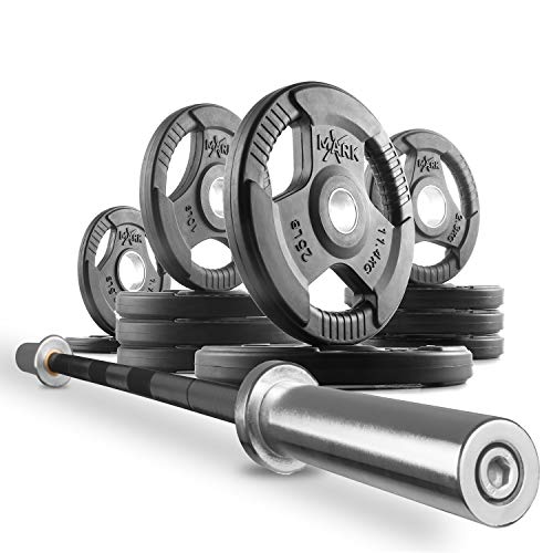 XMark Fitness Combo Offer 7 ft. Olympic Excercise Bar XM-3817-BLACK with Premium Quality Rubber Coated Tri-Grip Olympic Weights Set XM-3377-BAL-115