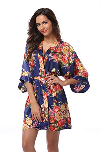Women's Bridesmaid Robe Short Floral Wedding Kimono Robe Satin Floral Kimono Bathrobe for Bridal Wedding Party Navy M