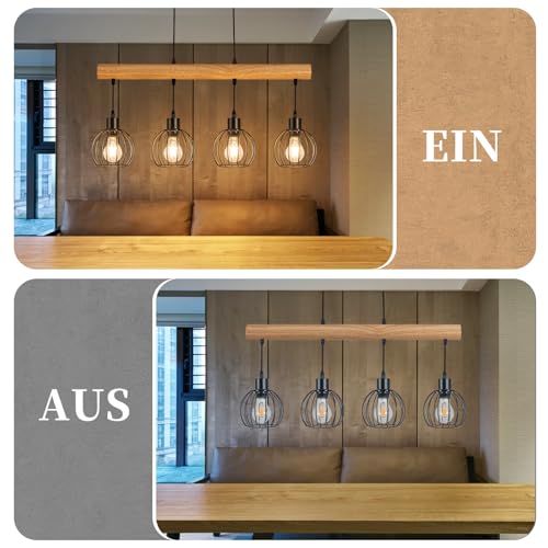 ZMH Vintage Hanging Lamp Wood 4 Bulbs - Pendant Light Dining Table in Industrial Design Black Retro Pendant Light Dining Table Lamp Height Adjustable for Dining Room Kitchen Living Room Bar (Light