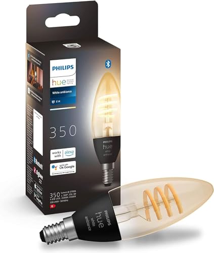 Philips Hue White Ambiance Filament, E14 Kerzenform LED Lampe, dimmbar, 350lm, warm- bis kühlweißes Licht, steuerbar via App, kompatibel mit Amazon Alexa (Echo, Echo Dot), 1er Pack