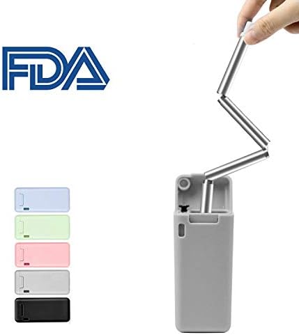 Portable Reusable Straw, Collapsible Stainless Straw, Composed of Stainless Steel and Food-grade Silicone, Foldable, with Case and Clean Brush for Party, Vacation, Travel Straw set (Gray)