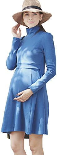 Sweet Mommy Maternity and Nursing Turtleneck Cotton Dress Blue, M