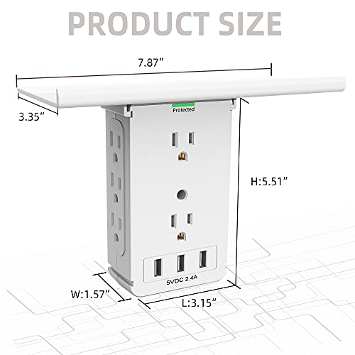 Wall Socket Outlet Extender with Shelf, 3 USB Ports, 8 AC Outlet, Surge