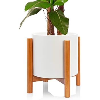 Kimisty Mid Century Modern Ceramic Planter with Stand Indoor, 10 Inch Large White Plant Pot with Bamboo Wood Stand, Extra Large Tall Floor Tree Planter, with Drainage and a Plug