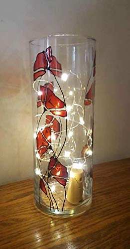 Red Poppy Flower Hand Painted Stained Glass Cylinder Vase, Candle Holder, Floral Decor
