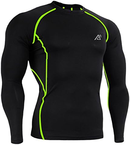 Men Long Sleeve Compression T-Shirts Base Layers Top Shirt pants 01L, Black-green
