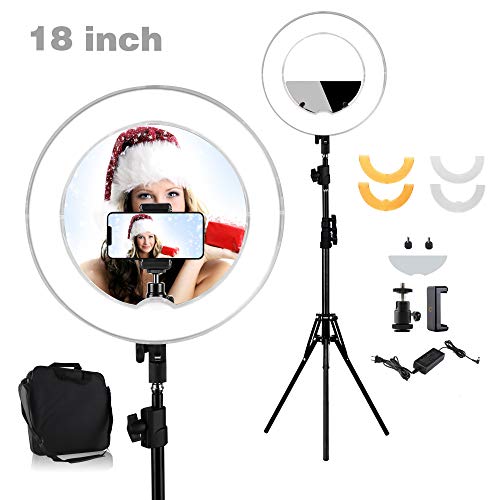 Lusweimi 18" 55W 2700-5500K LED Round Ring Light Kit Adjustable Colored With Stand Mirror, Warm/White Color Temperature Camera Mirror YouTube Video Makeup Lighting Circle selfie IphoneX/XR/XRMAX