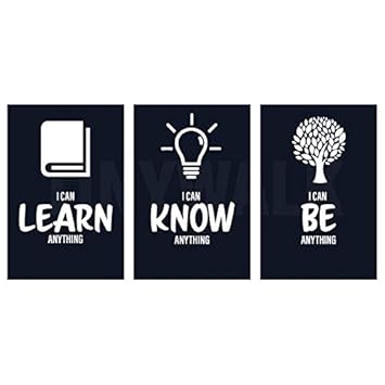 Tinywalk Motivational Quotes Room Posters -12X18 - Combo Pack - Set of 3 Wall/Door Posters for Boys, Girls Room - Learn Know Be Anything Black and White