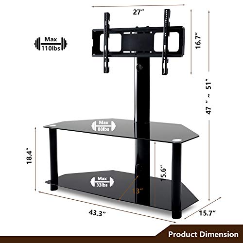 5Rcom Universal Floor TV Stand with Swivel Mount and Height Adjustable for 32"-65" Vizio/Samsung/TCL/LG Flat Panel and Curved Screen TVs, 2 Tier Tempered Glass Shelves for Media Storage, Black