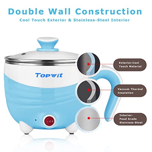 Topwit Electric Hot Pot, 1.2L Ramen Cooker, Portable NonStick Frying