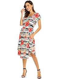 Queensheero Vestido de mujer con estampado floral a rayas plisado suelto Swing Casual Midi vestido con bolsillos