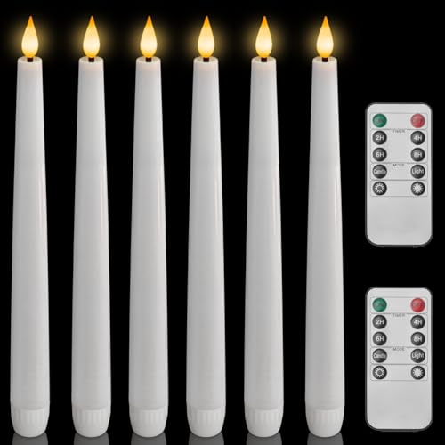 Photo 1 of Homemory 6 Pcs Waxy Flameless Taper Candles with Remote, Led Candlesticks Classic Tall Candle, Flickering Battery Operated Taper Candles for Bedroom, Dining Room, White, 9.6 inches