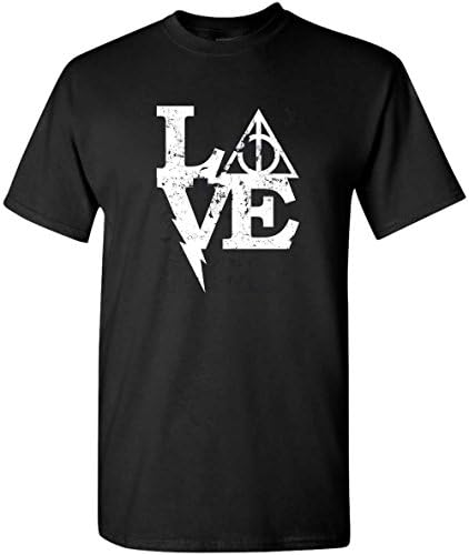 Harry Potter ' LOVE ' Deathly Hallows Distressed Tee Shirt - Black (Medium, Mens)