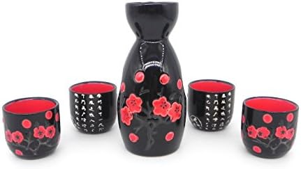 Ashbur Craftmanship 5 Piece Japanese Hand-Painted Ceramic Sake Set, Classic Style (Red Cherry Blossom in Black)