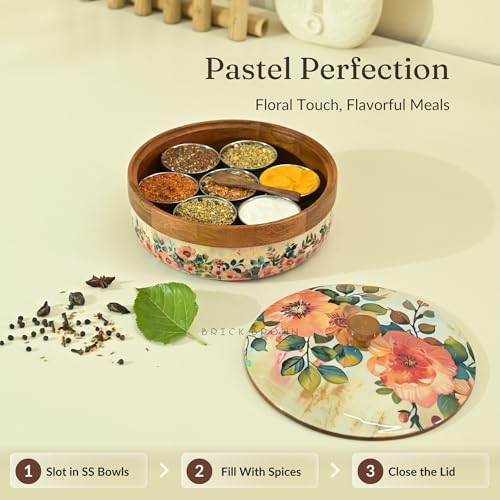 Brick Brown® Wooden Masala Box, Pastel Color, Enameled, for Kitchen, Spice Jars, Spice Rack, Masala Dani Organizer, Storage Box with 7 Containers and 1 Wooden Spoon (21.1 x 10.7cm)