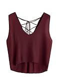 MakeMeChic Women's Lace Up V Neck Knit Crop Tank Top Burgundy one-size