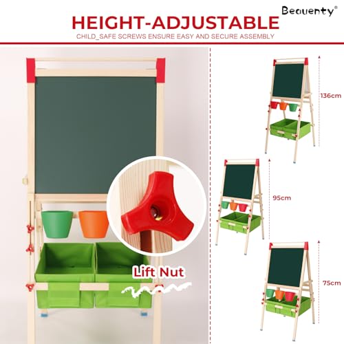 Beauenty Kids Art Easel, Double-Sided Whiteboard & Chalkboard, Wooden Standing Easel with Storage Bins, Includes Magnets, Chalk, Markers, Stickers, 68-120cm Height (Style 1)