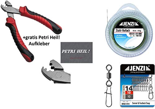 Vorfach Set 1 x Stahlvorfach 9kg, 10m ummantelt, 20 Quetschhülsen, 10 Karabiner mit Wirbel- Klemmhülsenzange & gratis Petri Heil! Aufkleber – Bild 3