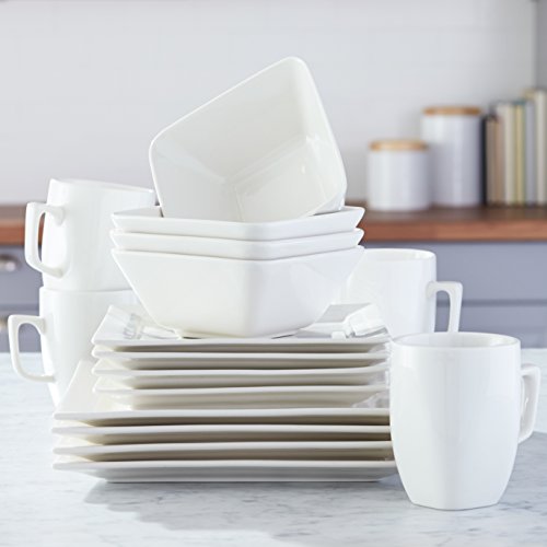 Amazon Basics 16Piece Classic White Kitchen Dinnerware Set, Square