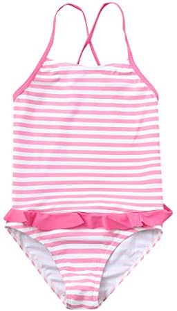 Girls One-Piece Bikini Swimsuit, Ruffle Tropical Stripe Swimwear, Beach Bathing Suit for Toddler (5-12Y)