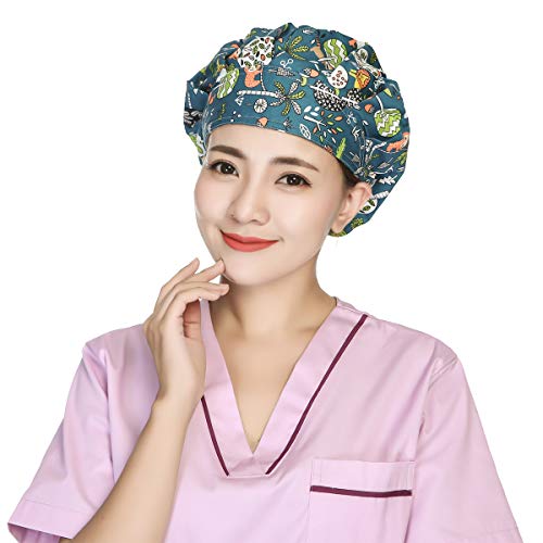 Unisex Bouffant Scrub Hat Cotton Cap Surgical Medical Nurse Doctor Adjustable Men Women Ponytail Cute Animal Pattern