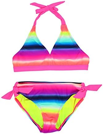 LEINASEN Hawaii Style Coconut Tree Printed Halter Strap Two Piece Bikini Set for Girls