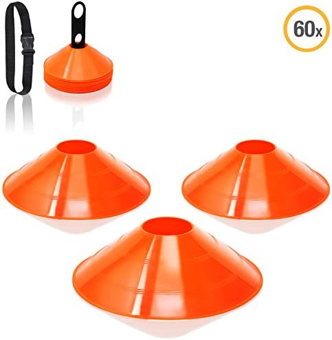 High Pulse 60 Count Durable, Long-lasting, High Intensity Colored Agility Cones perfect for Soccer, Football, Track and Field Hockey Training | Carrying Strap and Stand Included by Red