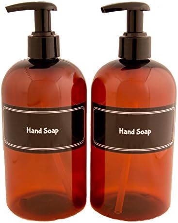 Bottiful Home-16 oz Refillable Durable Translucent Amber PET Plastic 2 Hand Soap Pump Bottles-B&amp;W Pre-Applied Fully Waterproof Labels-100% Rust-FREE, Clog-FREE, Drip-FREE