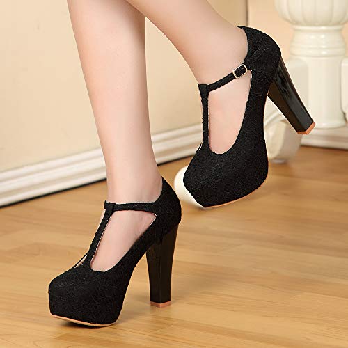 getmorebeauty Women Black Block Mary Janes T-Strappy Lace Dress Wedding Shoes 5 B(M) US - Thumbnail 3