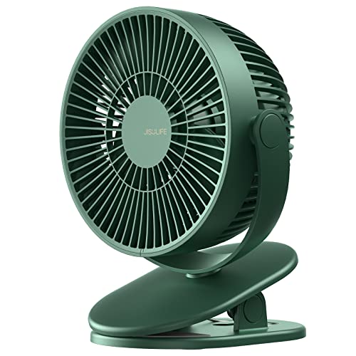 JISULIFE Clip on Baby Stroller Fan, 4000mAh Battery Operated, Portable Personal Small, Quiet & Narrow Slot Design, 4 Speeds, Max 14 Hrs, Ideal for Bed, Desk, Car Seat - Dark Green