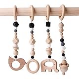 Baby Love Home 4pcs Wooden ring baby teether Activity Nursing Play Gym Silicone beads animal Pendant Rattles baby toys organic Non-toxic Environmental protection Sensory toys gift