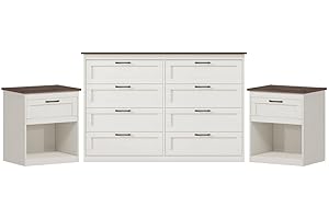 Vikiullf Farmhouse Dresser and Nightstands 3 Pieces Sets, Bedroom Set with 8 Drawer Dresser and Nightstands, White and Brown Oak Grain