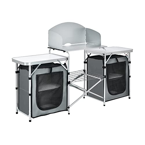 KOTEK Camping Kitchen Table With Windscreen | Foldable Outdoor Cooking Station With Storage