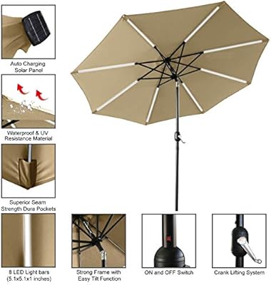 Abccanopy 9ft Patio Umbrella Solar Powered Outdoor Umbrella Market Umbrella With 8led Lights Bars Push Button Tilt And Crank For Garden Deck Backyard And Pool 4 Colors Khaki