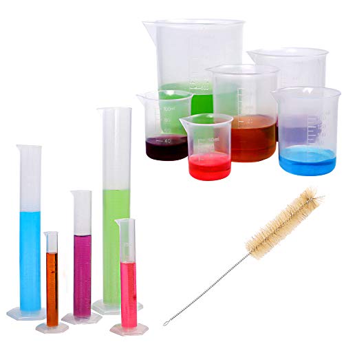 DEPEPE 5pcs Clear Plastic Graduated Cylinders with 6pcs Plastic Beakers and 1 Test Tube Brushes