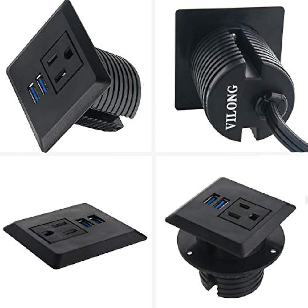 Deskt Power Grommet Outlet USB, Fits 2" Hole, Recessed Strip Socket