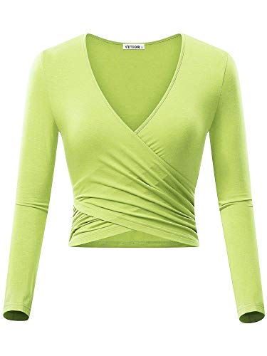 VETIOR Womens Long Sleeve Crop Top, Fitted Long Sleeve Sexy Yoga Ballet Tops Fluorescent Green