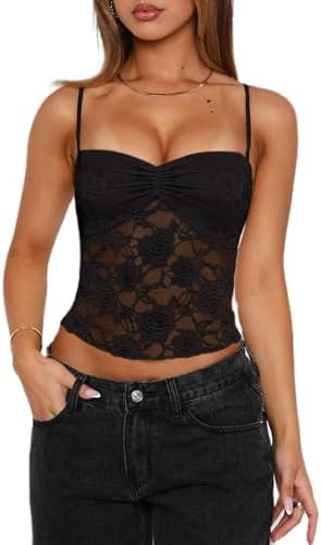 Women Y2k Mesh Halter Tank Top Floral Embroidered See Through Cami