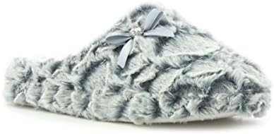The Slipper Company - Womens Grey Faux Fur Mule Slipper with Bow