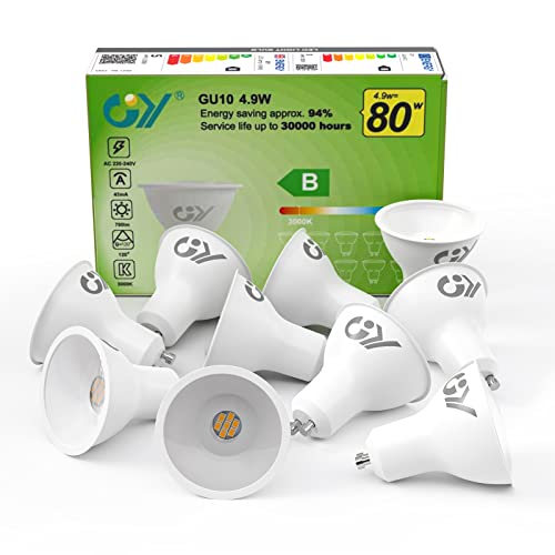 GY 4.9W GU10 LED Bulb 3000K Warm White 780LM (Equivalent to 80W), Non-Dimmable, 110 Degrees Beam Angle – Low Consumption Bulb Class B, No Flickering LED GU10 Bulbs, Pack of 10