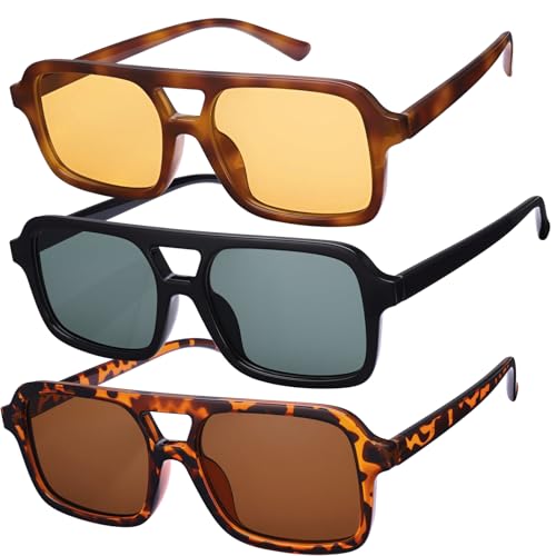 Apricitie Retro Sunglasses for Men and Women, Classic 70s Vintage Rectangular Oversized Square Sunglasses, Retro Glasses UV400 Protection, Trendy with Double Bridge Frame Glasses