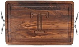 BigWood Boards W220-LCLT-T Thick Carving Board with Large Boat Cleat Handle in Cast Aluminum, 15-Inch by 24-Inch by 1.25-Inch, Monogrammed "T", Walnut
