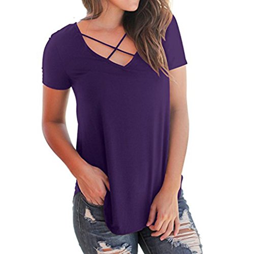 Women's Plus Size Shirt Tops Casual Short Sleeved Solid Criss Cross Front V-Neck T-Shirt Tops (US12=TagXL, Purple)