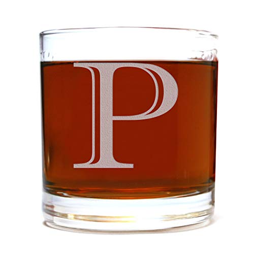 Etched Monogram 10.5oz Rocks Old Fashioned Lowball Glass for Whiskey Scotch Bourbon (Letter P)