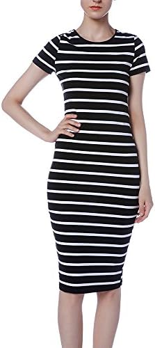 Applerclothing Women Summer Fashion Short Sleeve White Black Striped Mid-Calf Sheath Dress