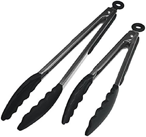 Homily 2 pcs/set Stainless steel Kitchen Food Tongs BBQ Clip Salad Bread Serving Tongs Silicone Barbecue tongs (Black)