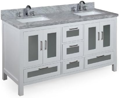Kitchen Bath Collection KBC-G60WTCARR Manhattan Double Sink Bathroom Vanity with Marble Countertop, Cabinet with Soft Close Function and Undermount Ceramic Sink, Carrara/White, 60"